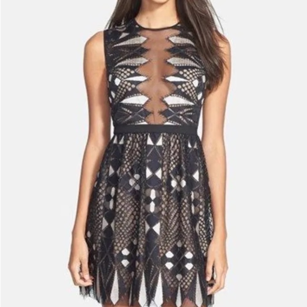 BCBGMaxAzria Kailey Sleeveless Black Lace Geometric A Line Mini Dress